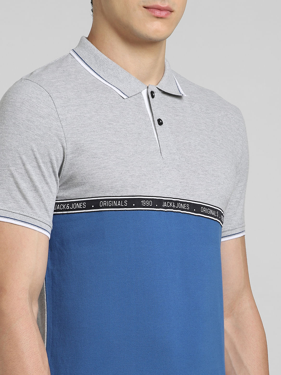 Grey Colourblocked Polo Neck T-shirt