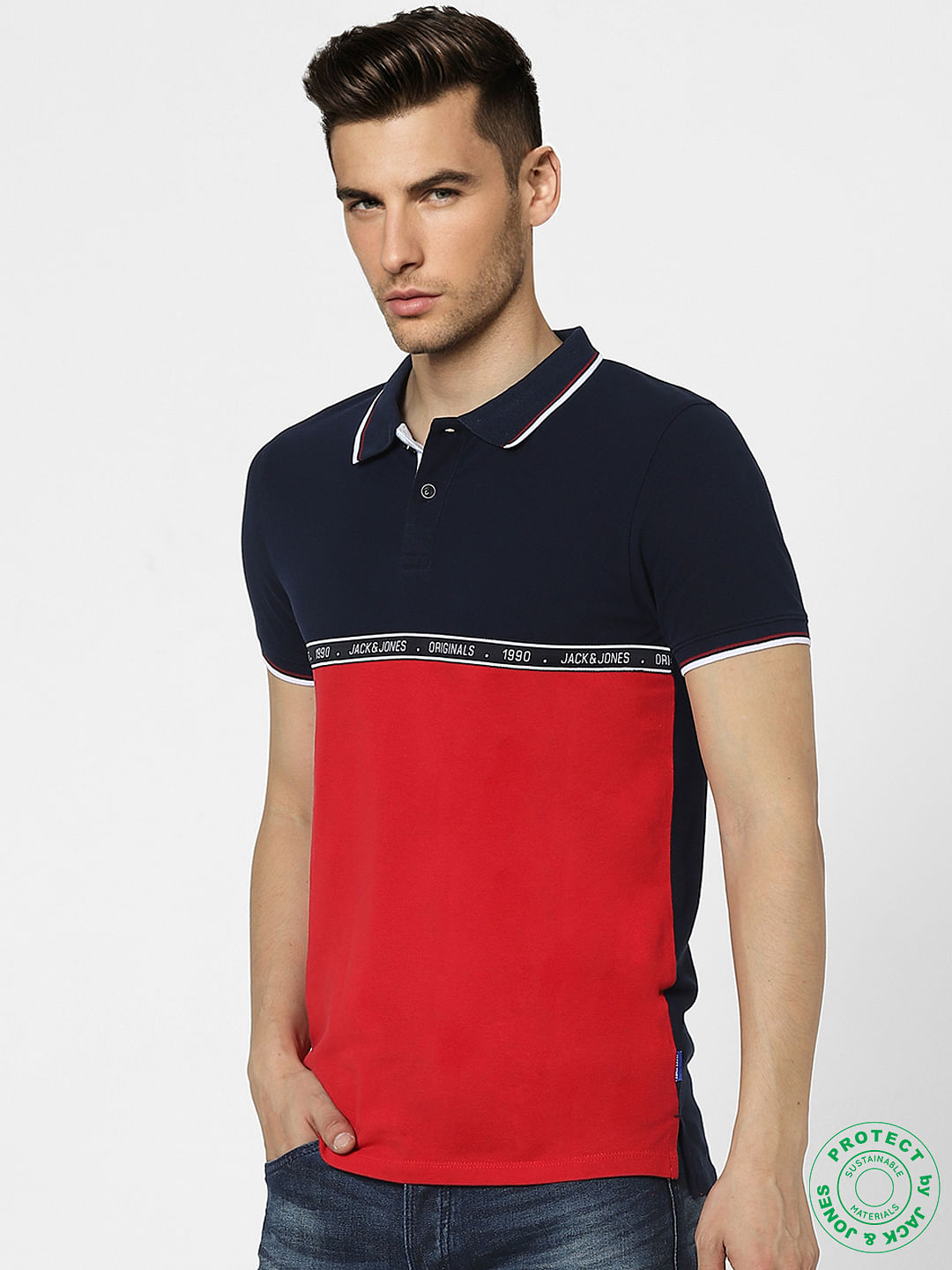 Blue & Red Colourblocked Polo T-shirt
