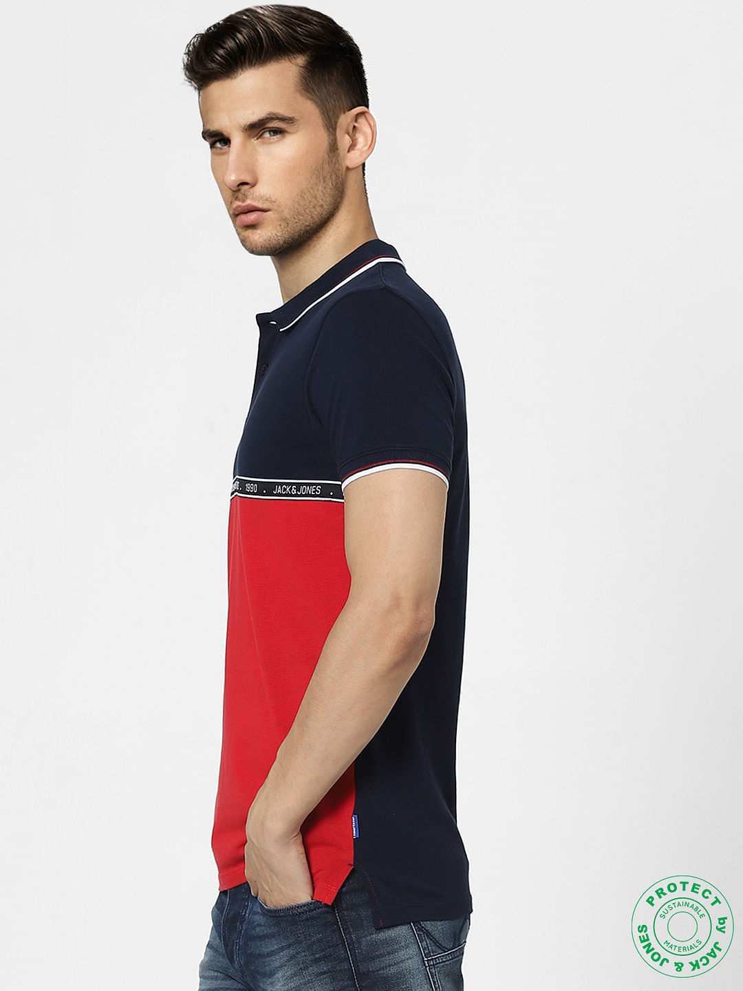 Blue & Red Colourblocked Polo T-shirt