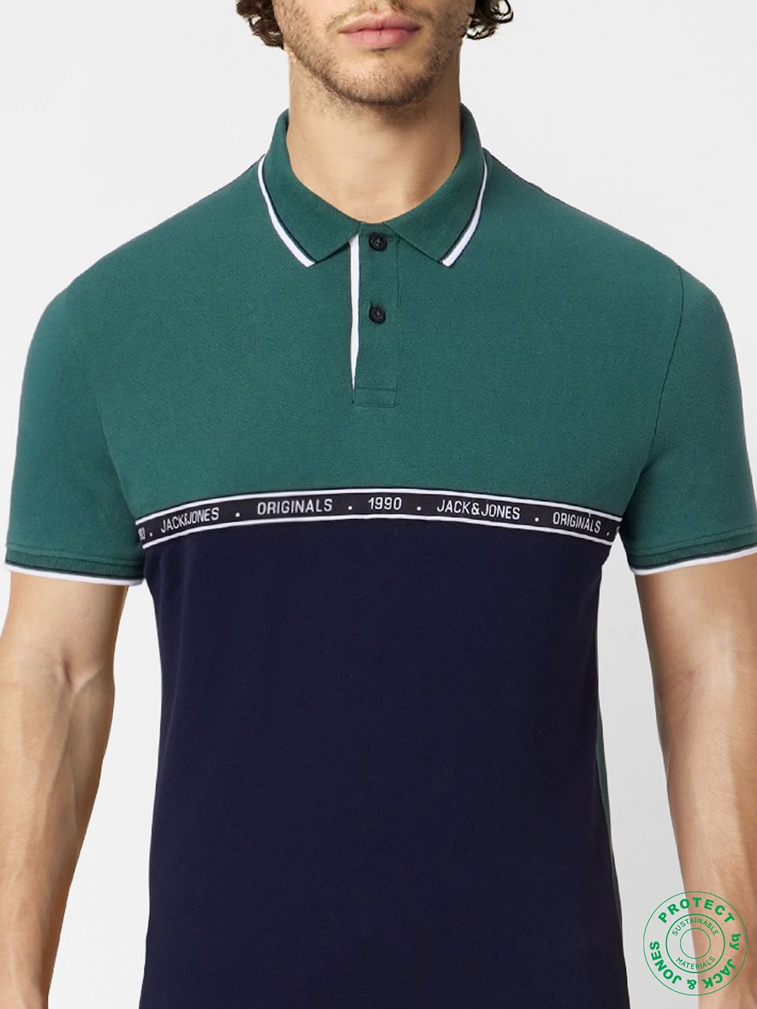 Green Colourblocked Polo Neck T-shirt