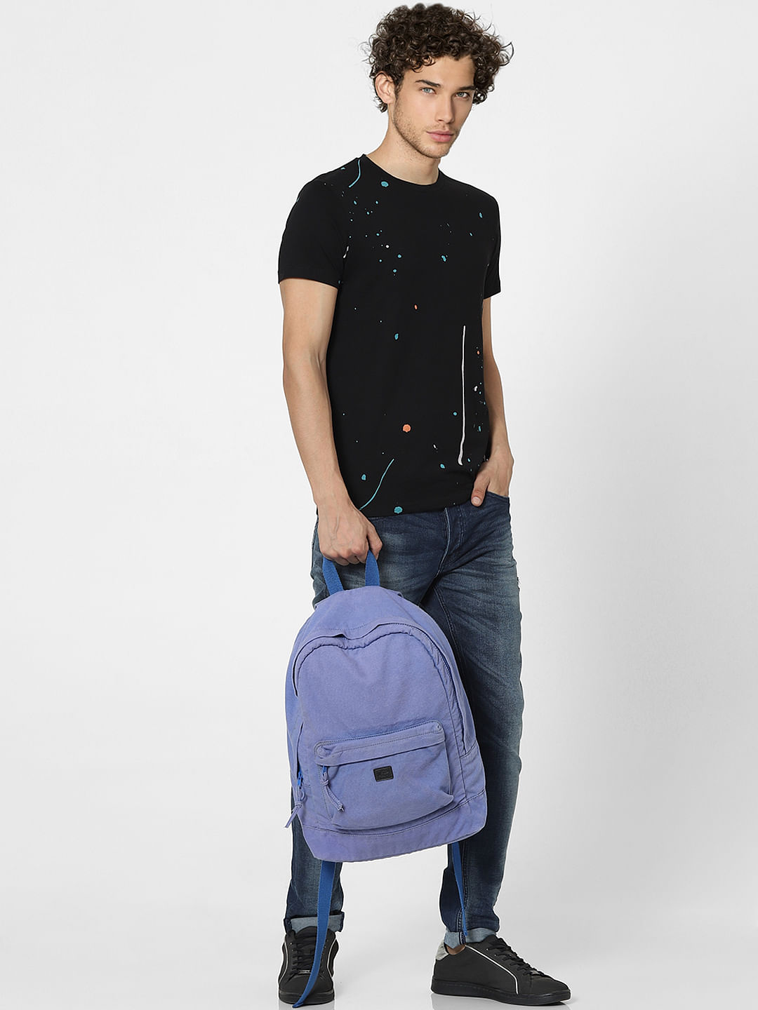 Black Splash Print Crew Neck T-shirt - S