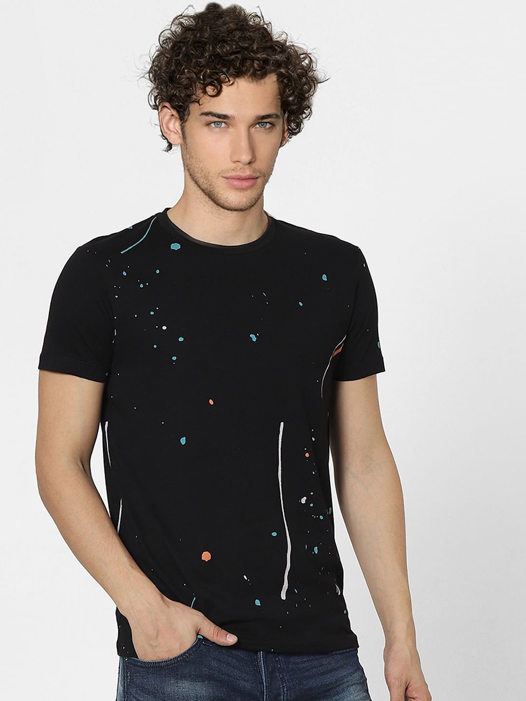Black Splash Print Crew Neck T-shirt