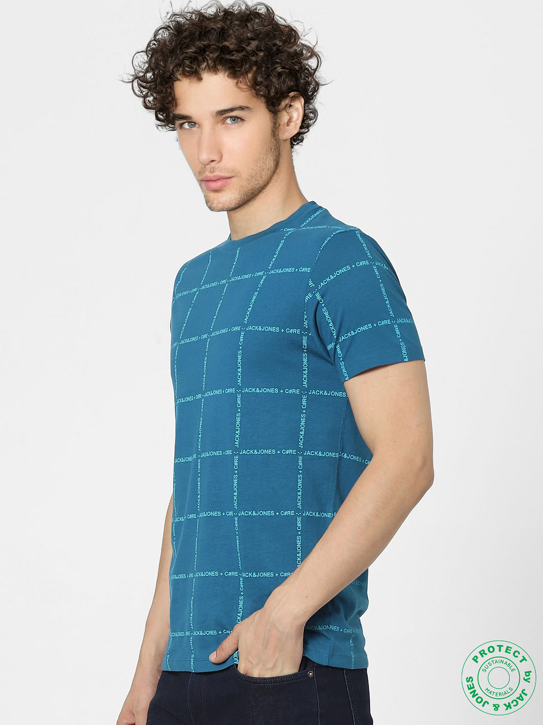 Blue Check Print Crew Neck T-shirt