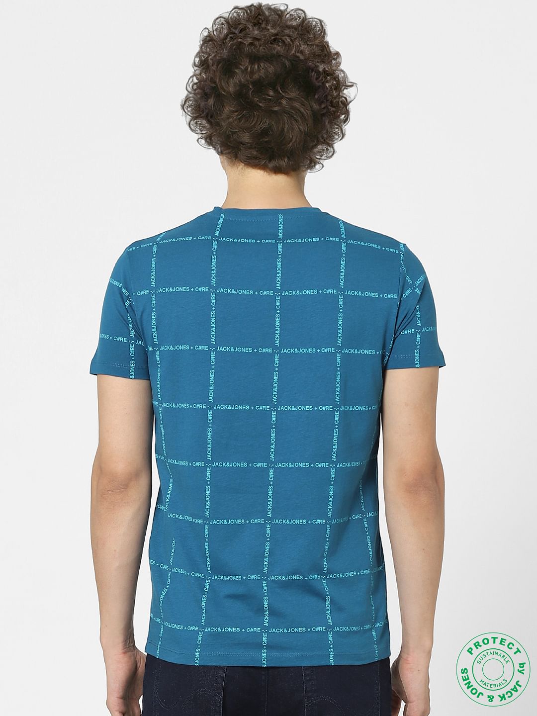 Blue Check Print Crew Neck T-shirt