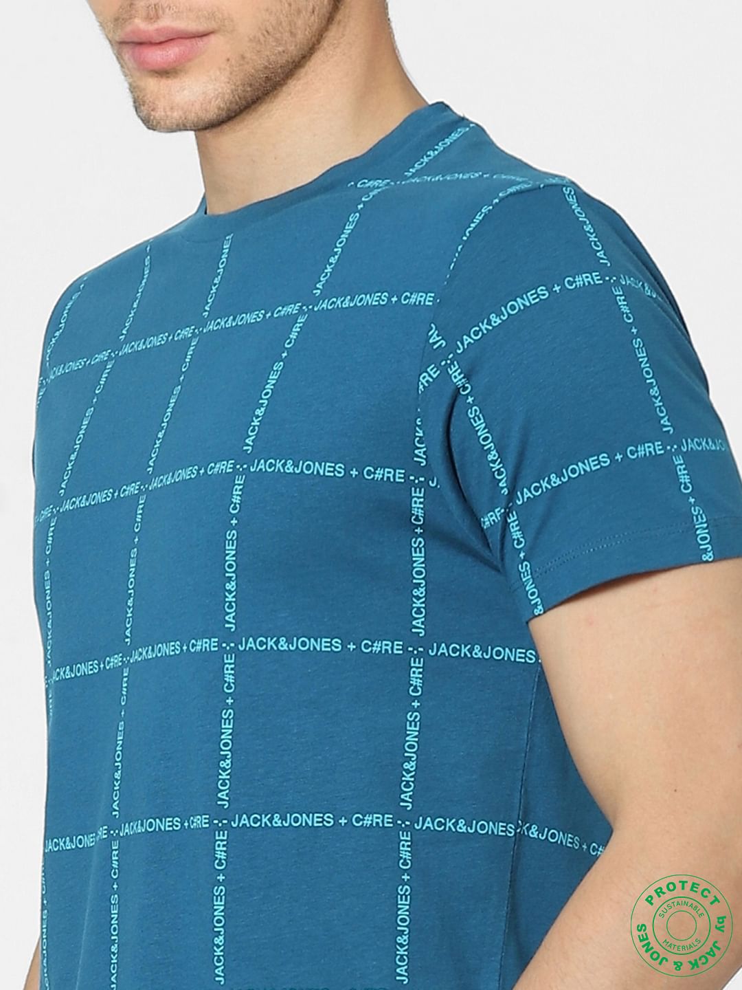 Blue Check Print Crew Neck T-shirt