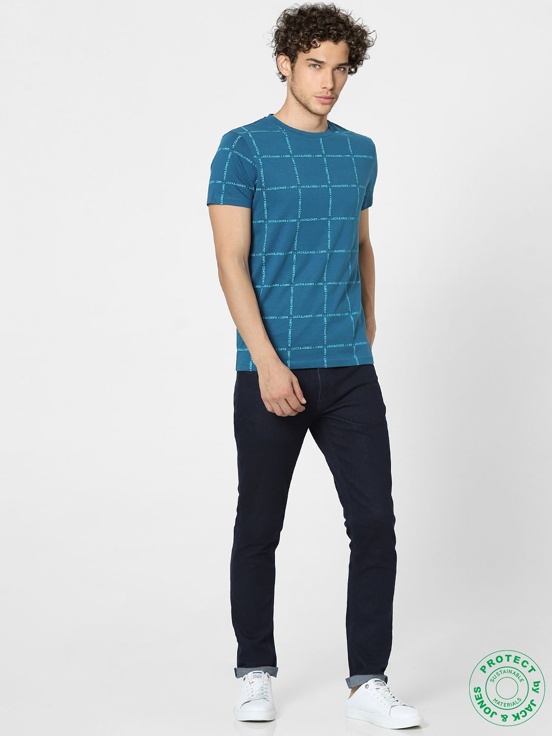 Blue Check Print Crew Neck T-shirt