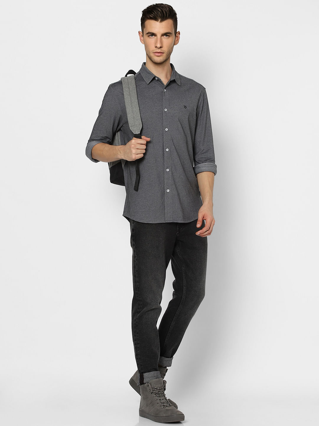 Grey Full Sleeves Knit Shirt - S