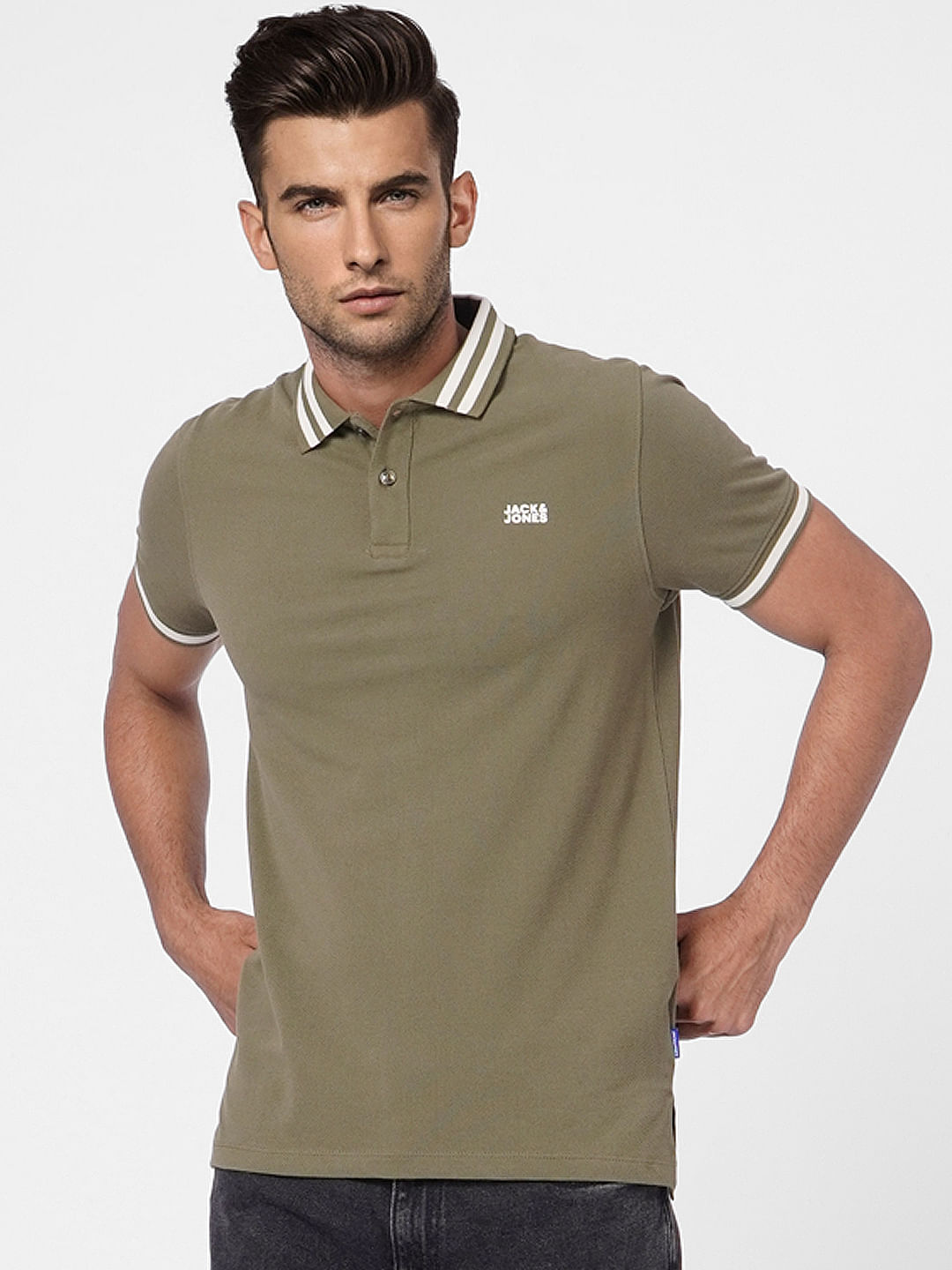 Green Contrast Tipping Polo Neck T-shirt
