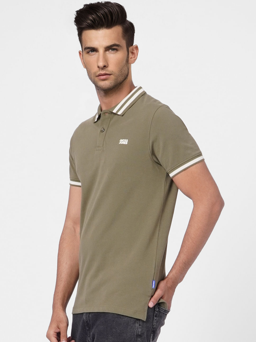 Green Contrast Tipping Polo Neck T-shirt