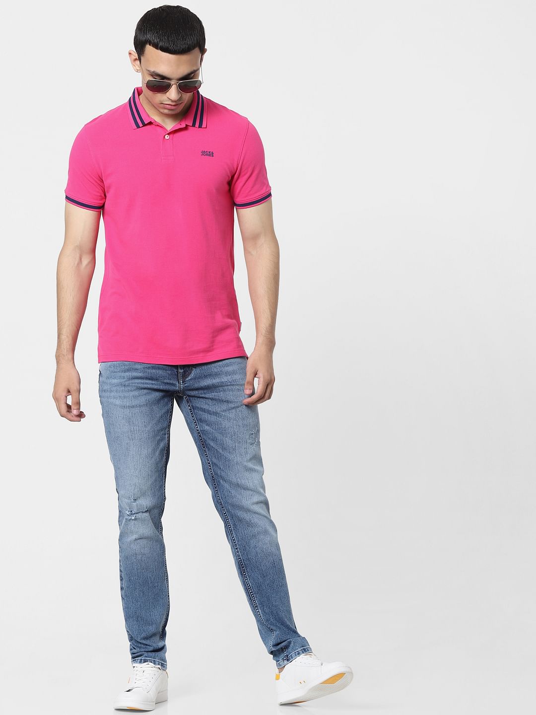 Pink Contrast Tipping Polo T-shirt - S