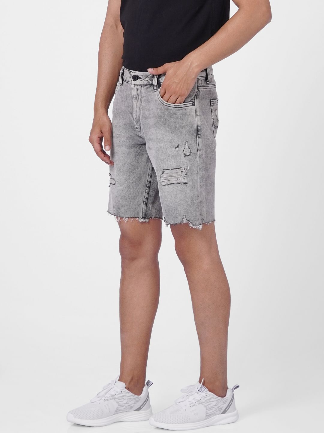 Grey Ripped Denim Shorts