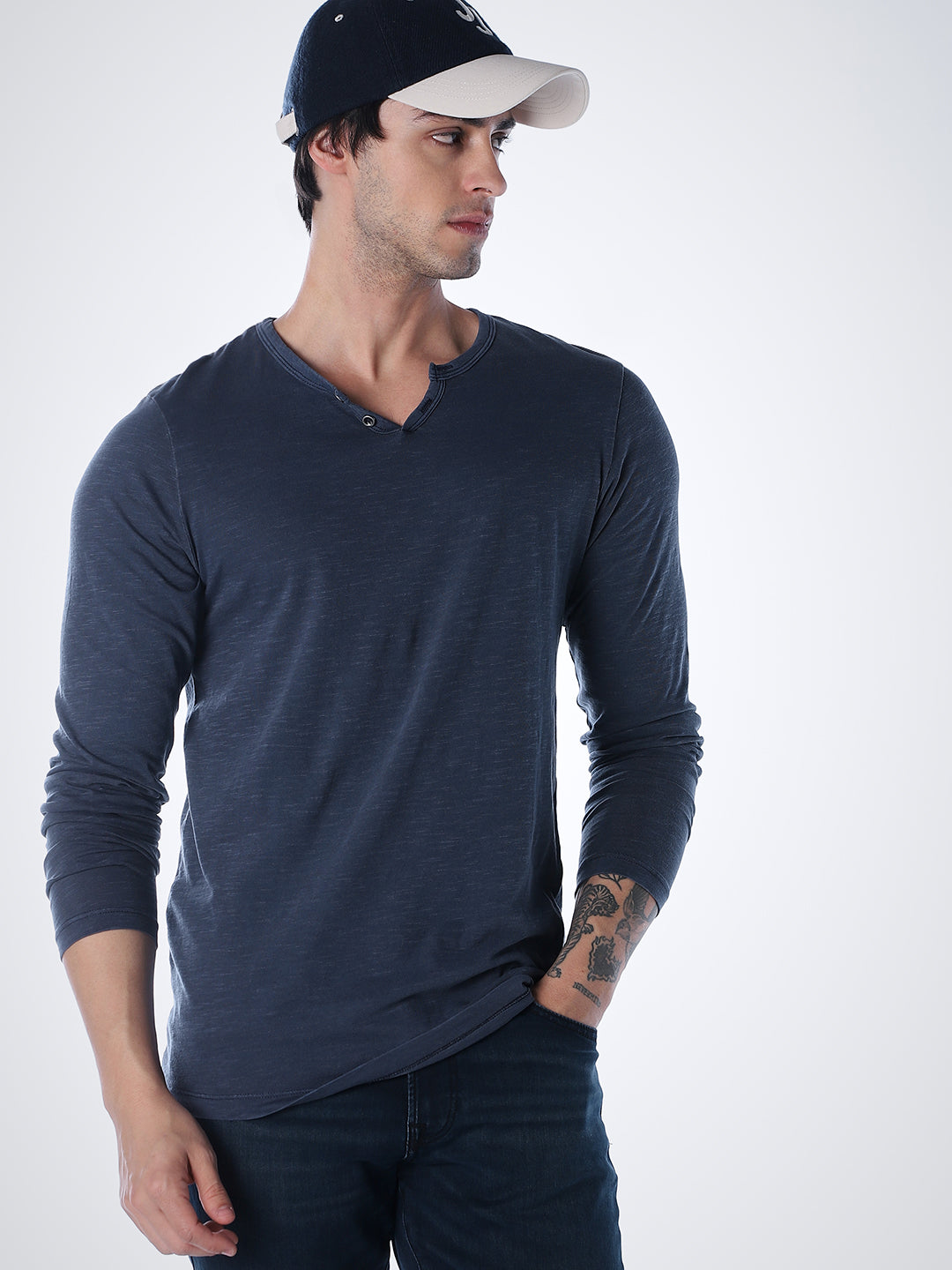 Split Neck Cotton T-shirt - Blue - S
