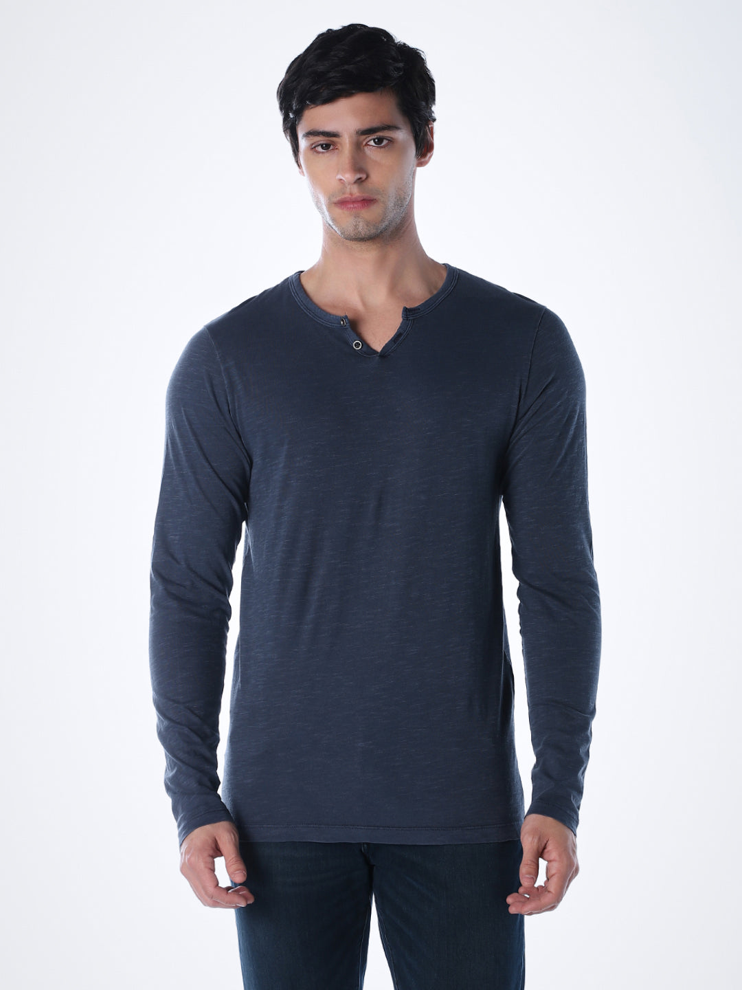 Split Neck Cotton T-shirt - Blue