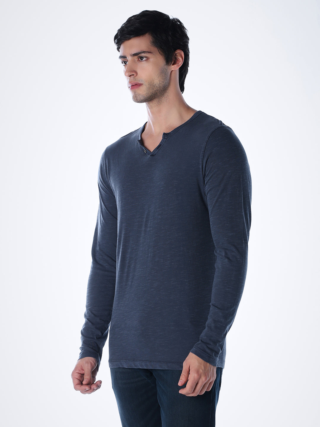 Split Neck Cotton T-shirt - Blue