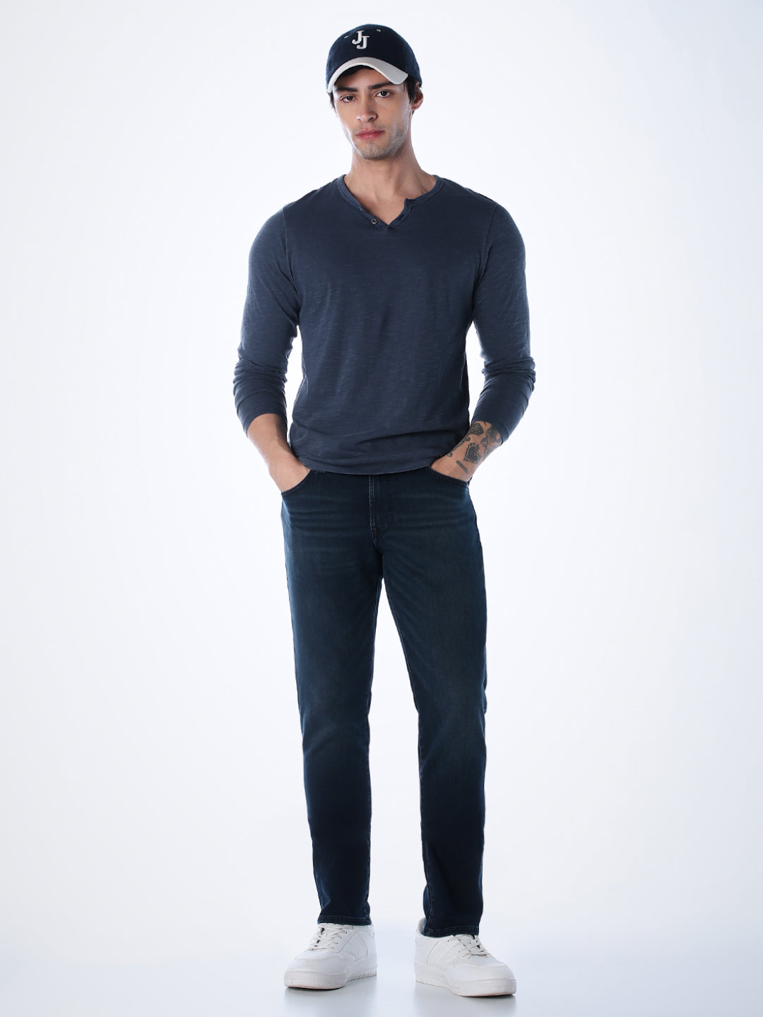 Split Neck Cotton T-shirt - Blue