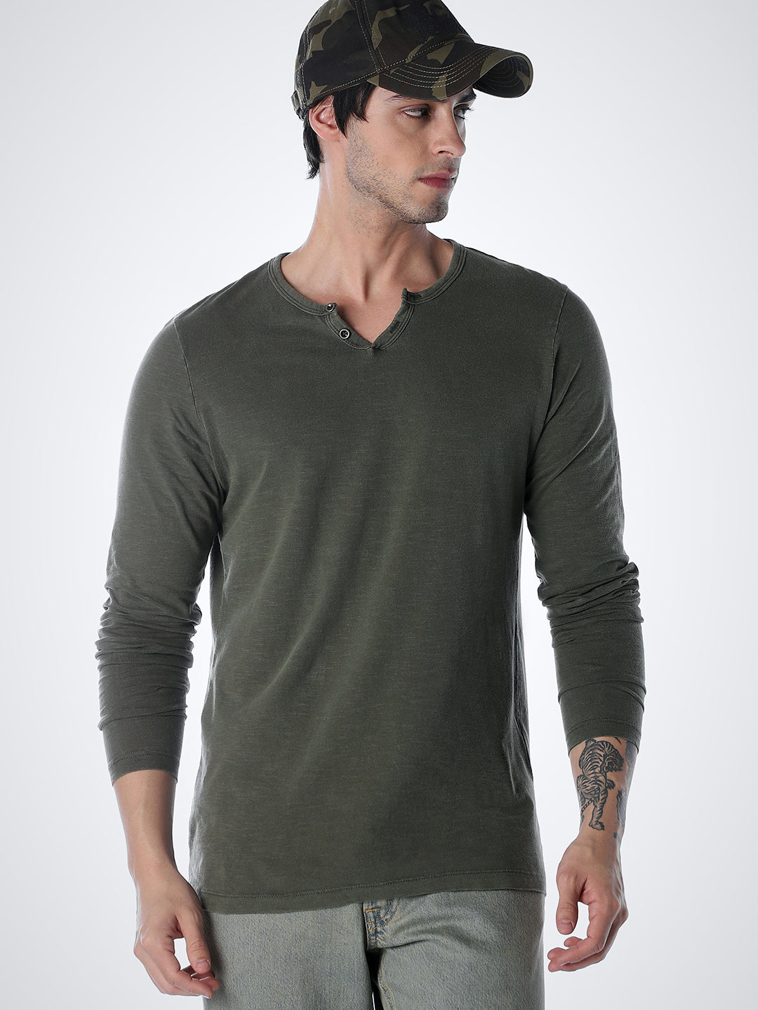 Split Neck Cotton T-shirt - Green - XXL