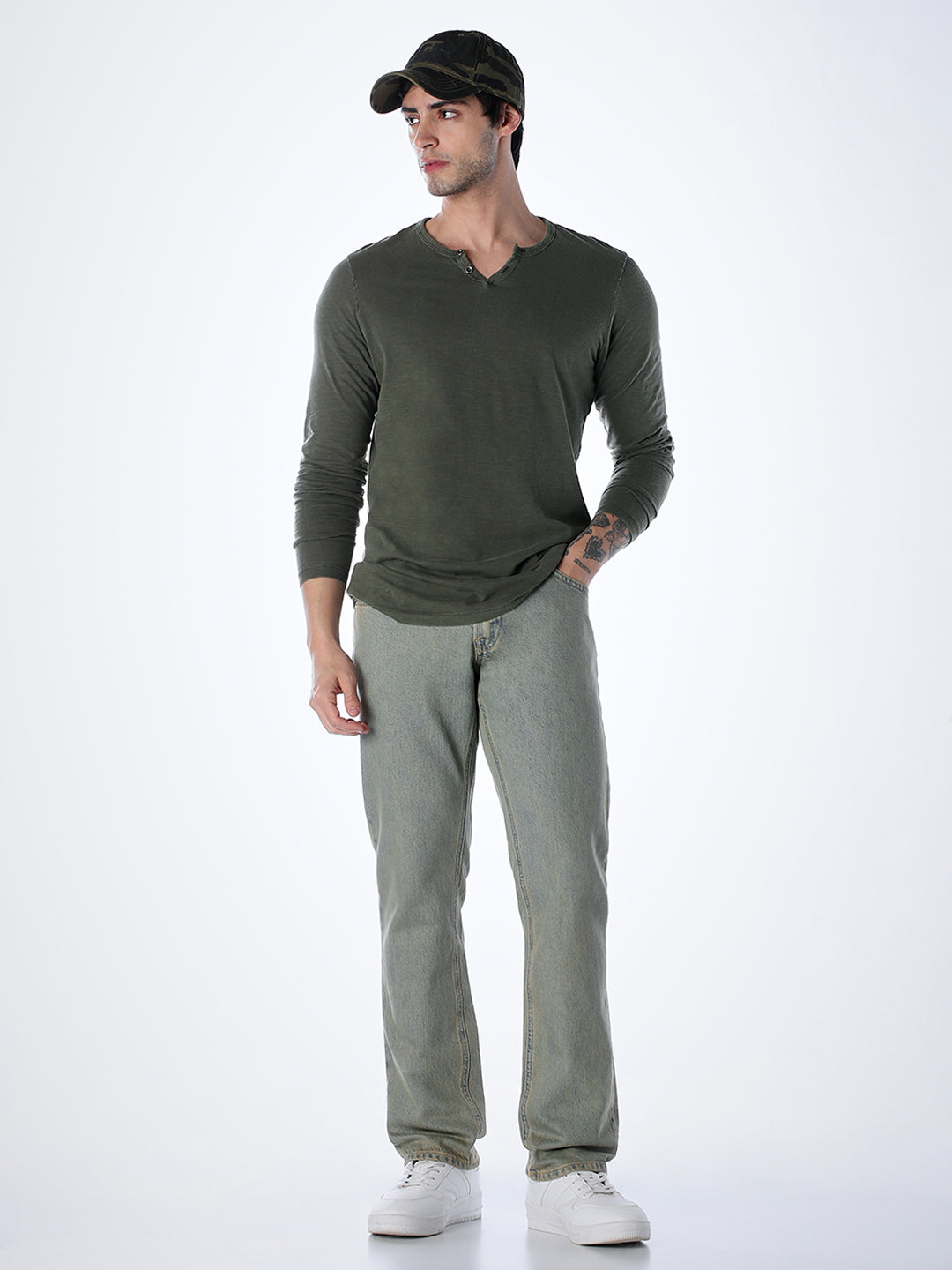 Split Neck Cotton T-shirt - Green