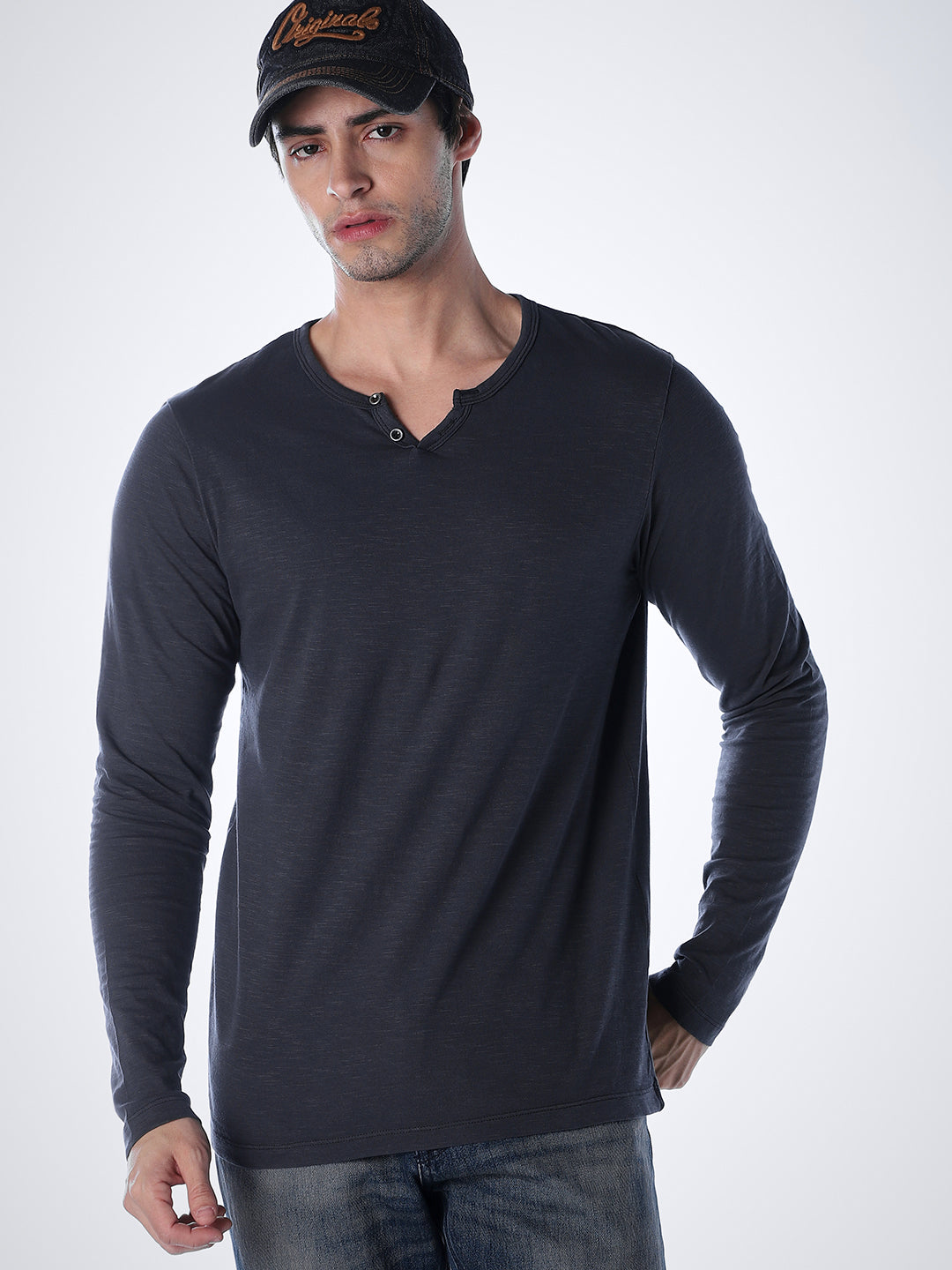 Split Neck Cotton T-shirt - Black - XXL