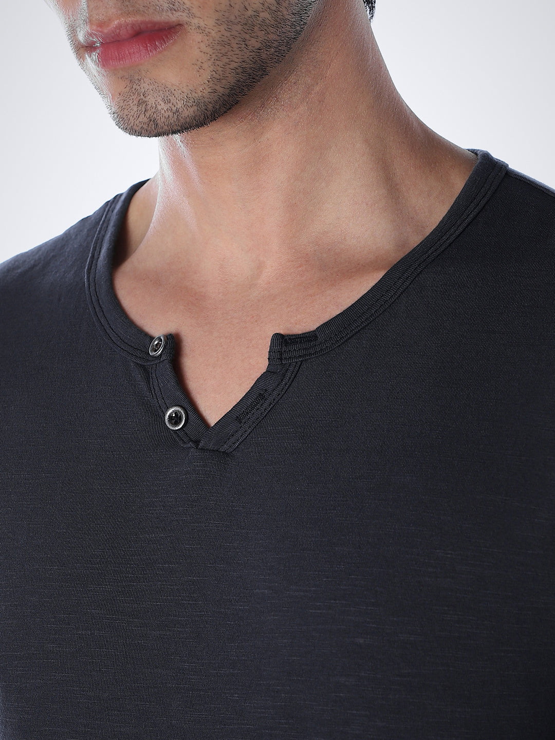 Split Neck Cotton T-shirt - Black