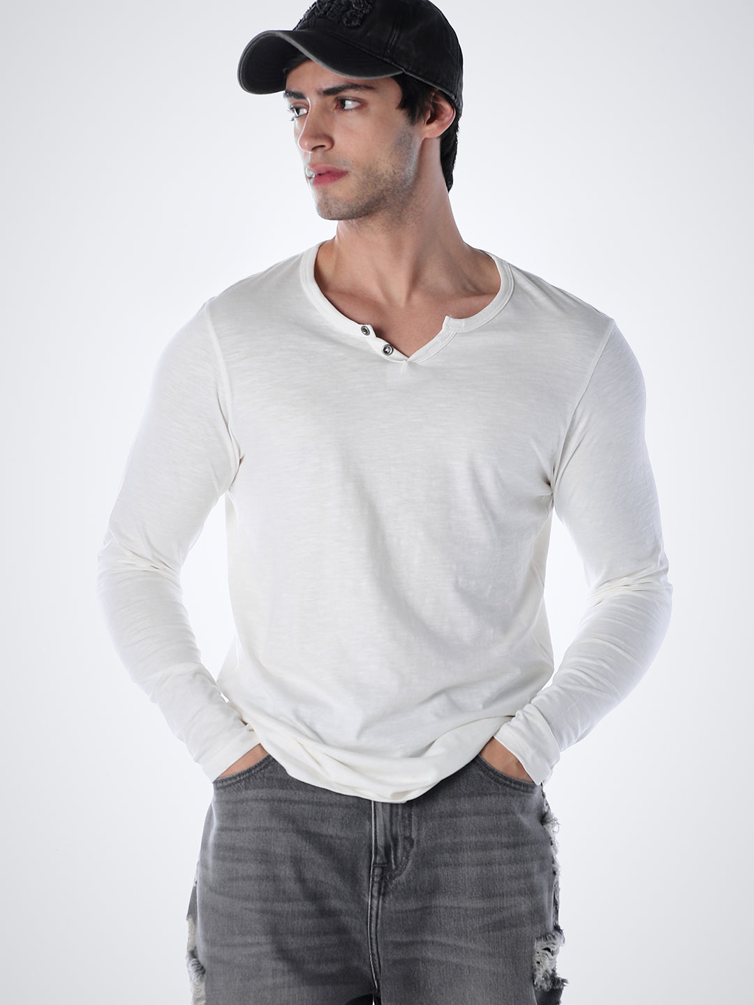 Split Neck Cotton T-shirt - White - XXL