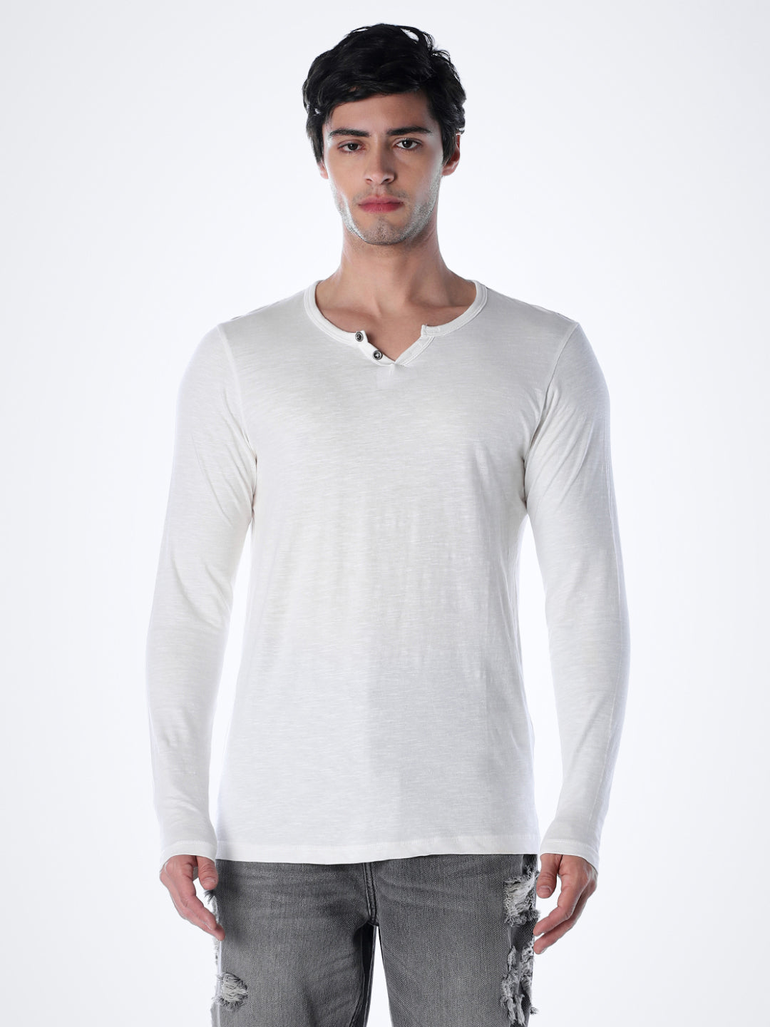 Split Neck Cotton T-shirt - White