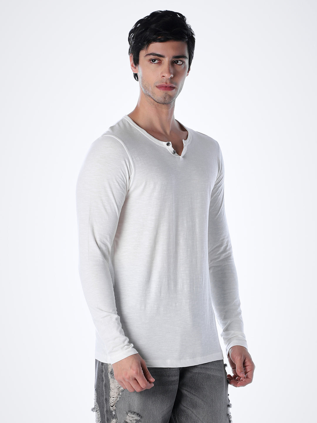 Split Neck Cotton T-shirt - White