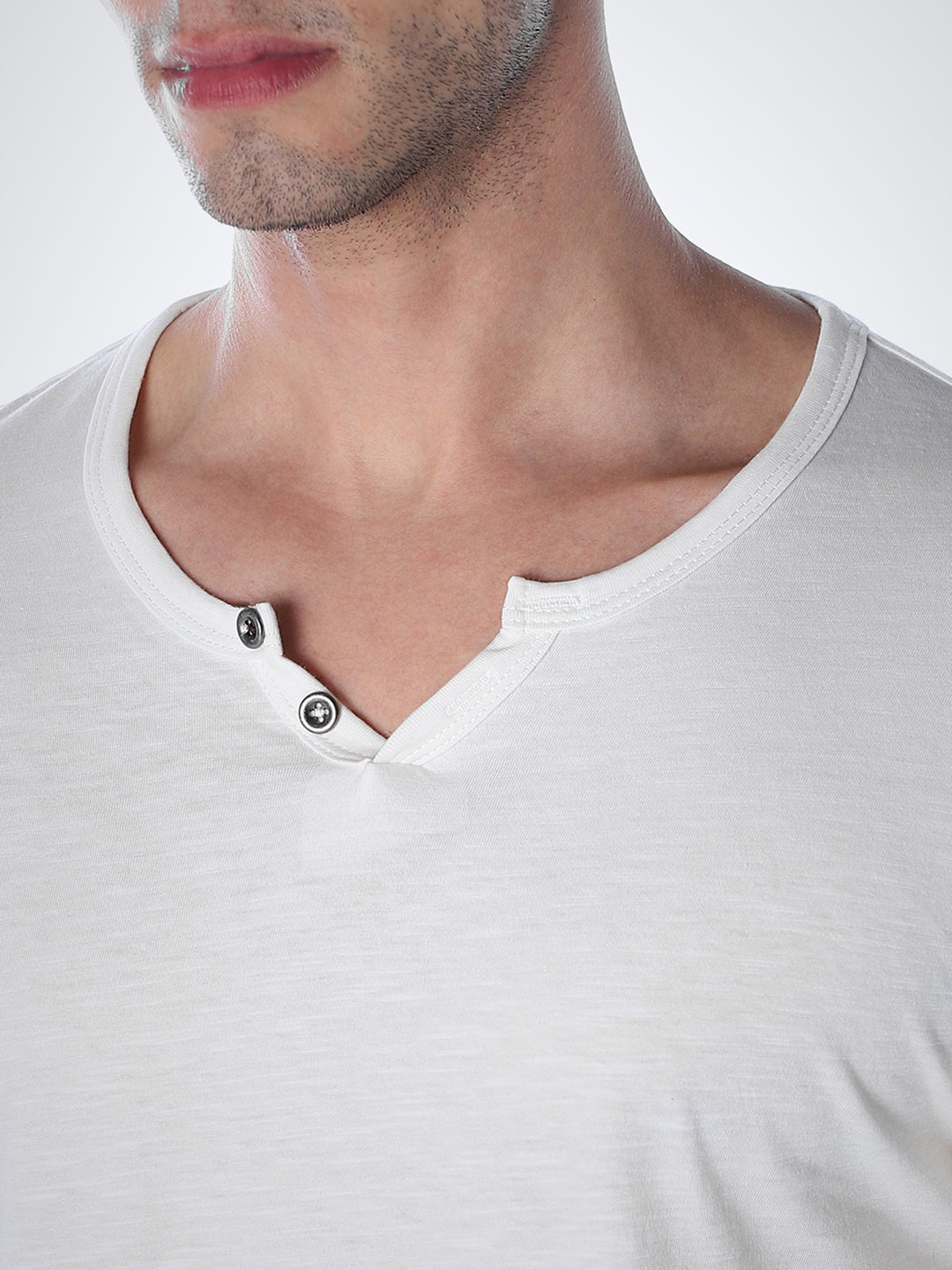 Split Neck Cotton T-shirt - White