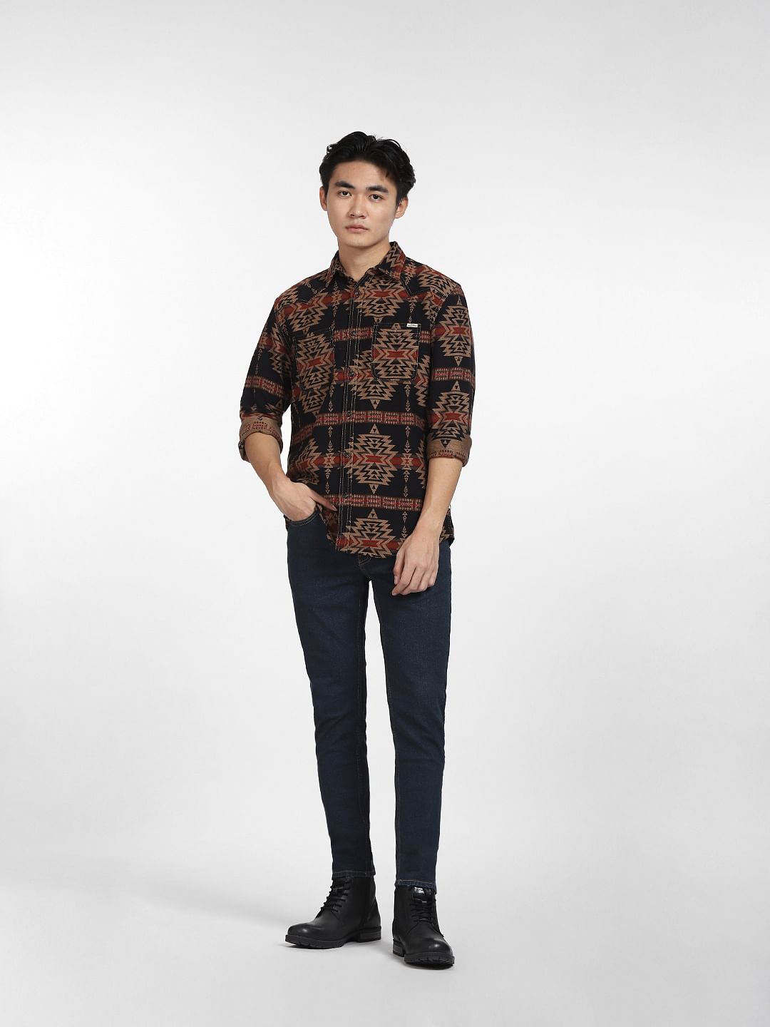Brown Jacquard Aztec Print Shirt