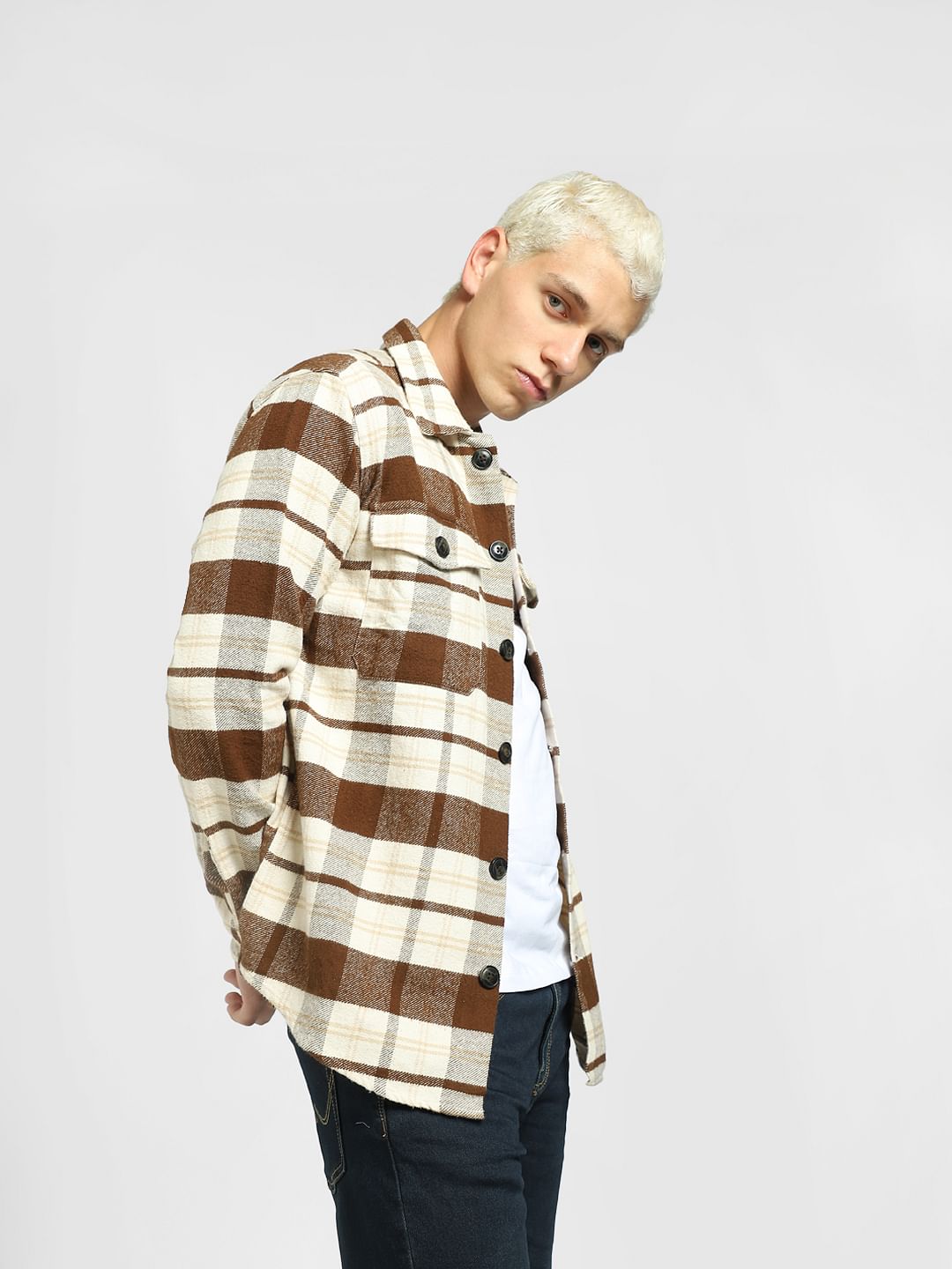Brown Check Print Full Sleeves Shirt - S