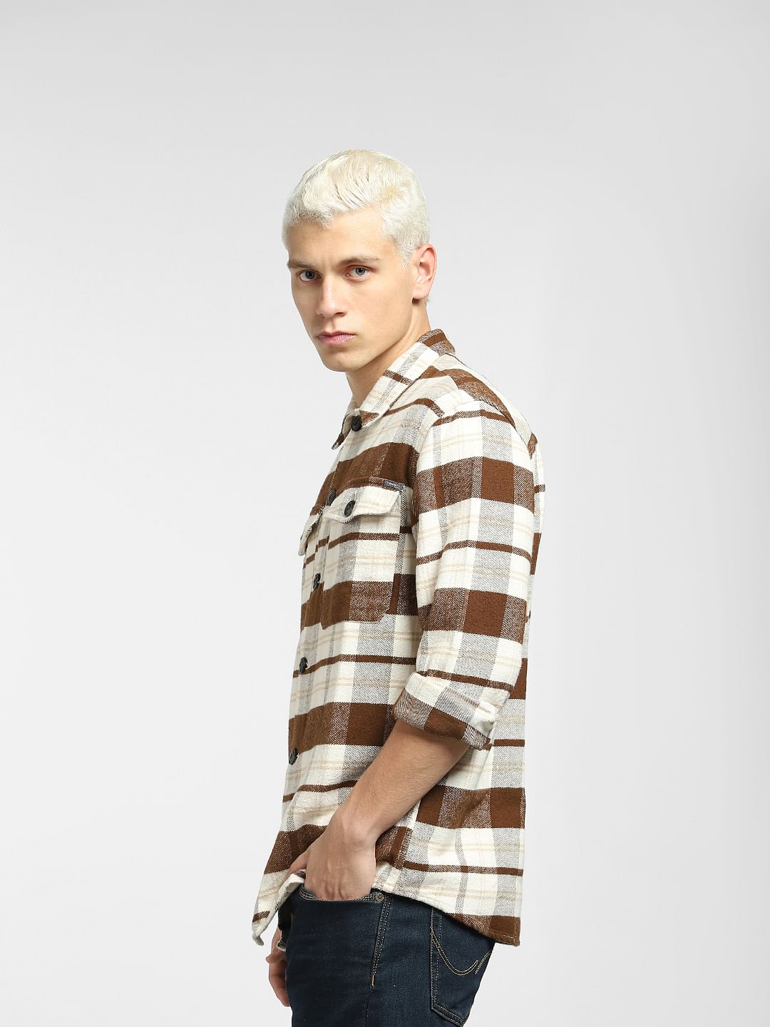Brown Check Print Full Sleeves Shirt