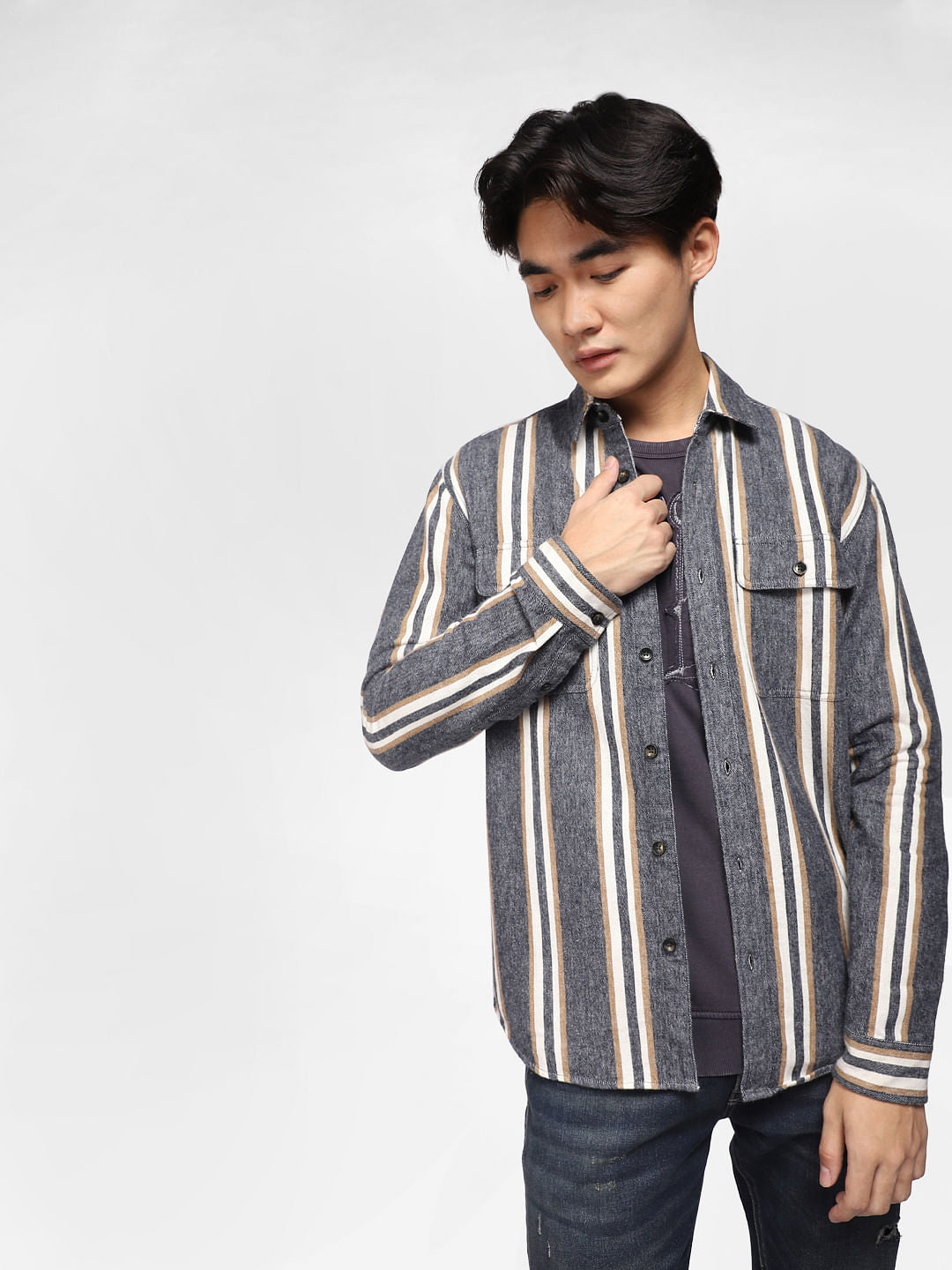 Blue Striped Full Sleeves Shirt - S