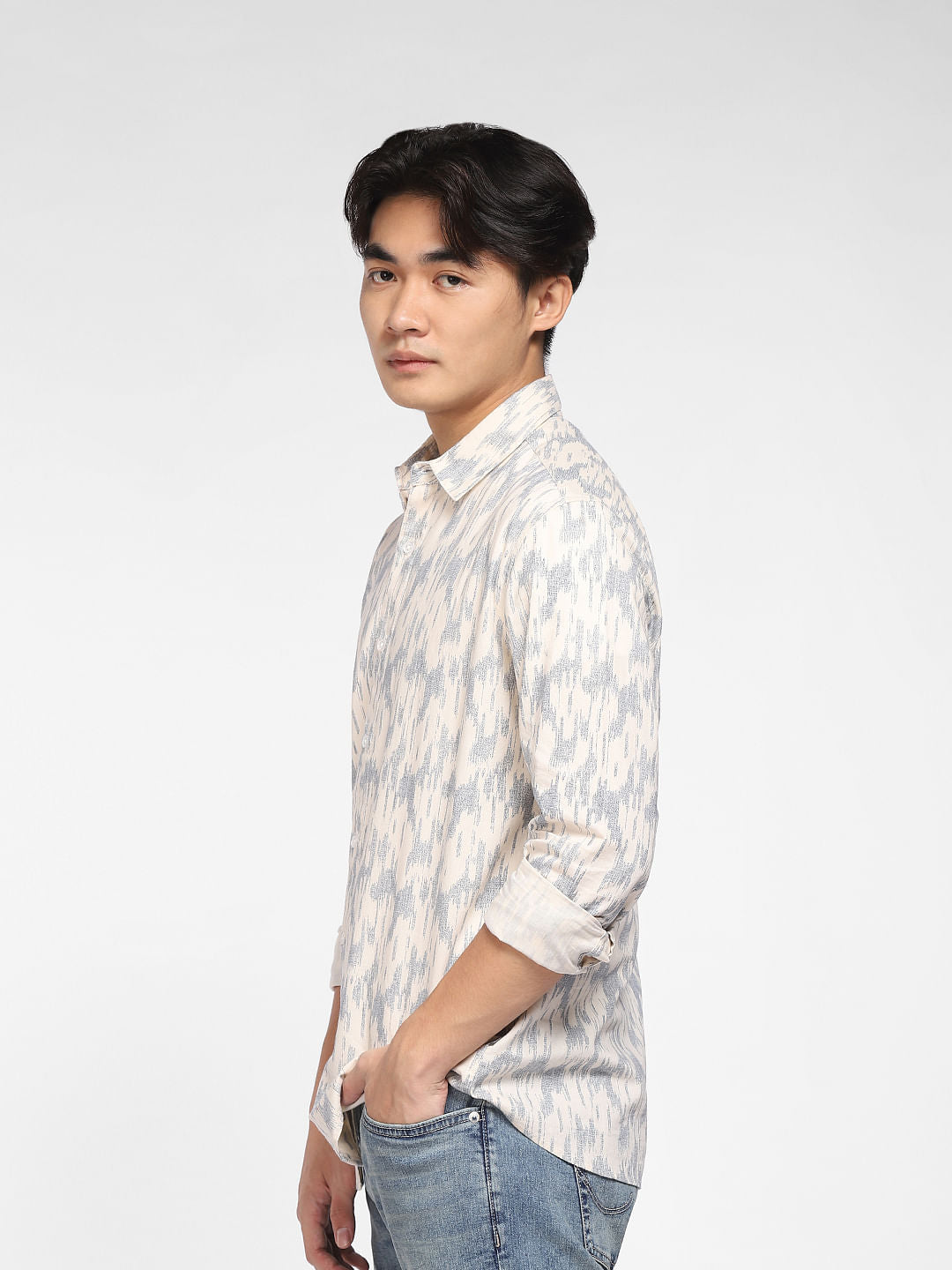 Beige Printed Full Sleeves Shirt