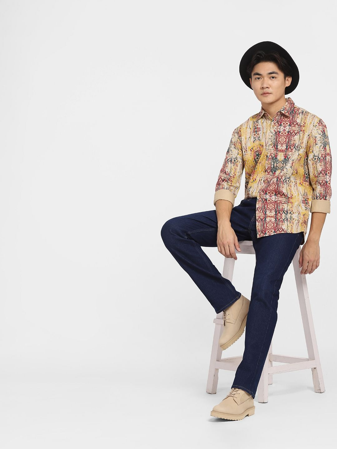 Beige Printed Full Sleeves Shirt