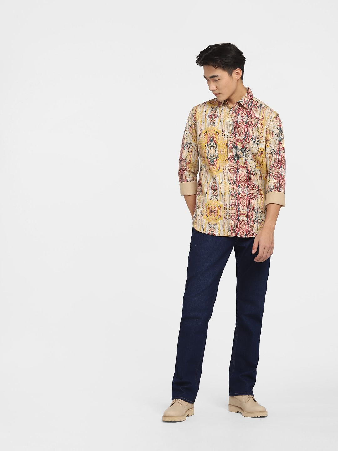 Beige Printed Full Sleeves Shirt