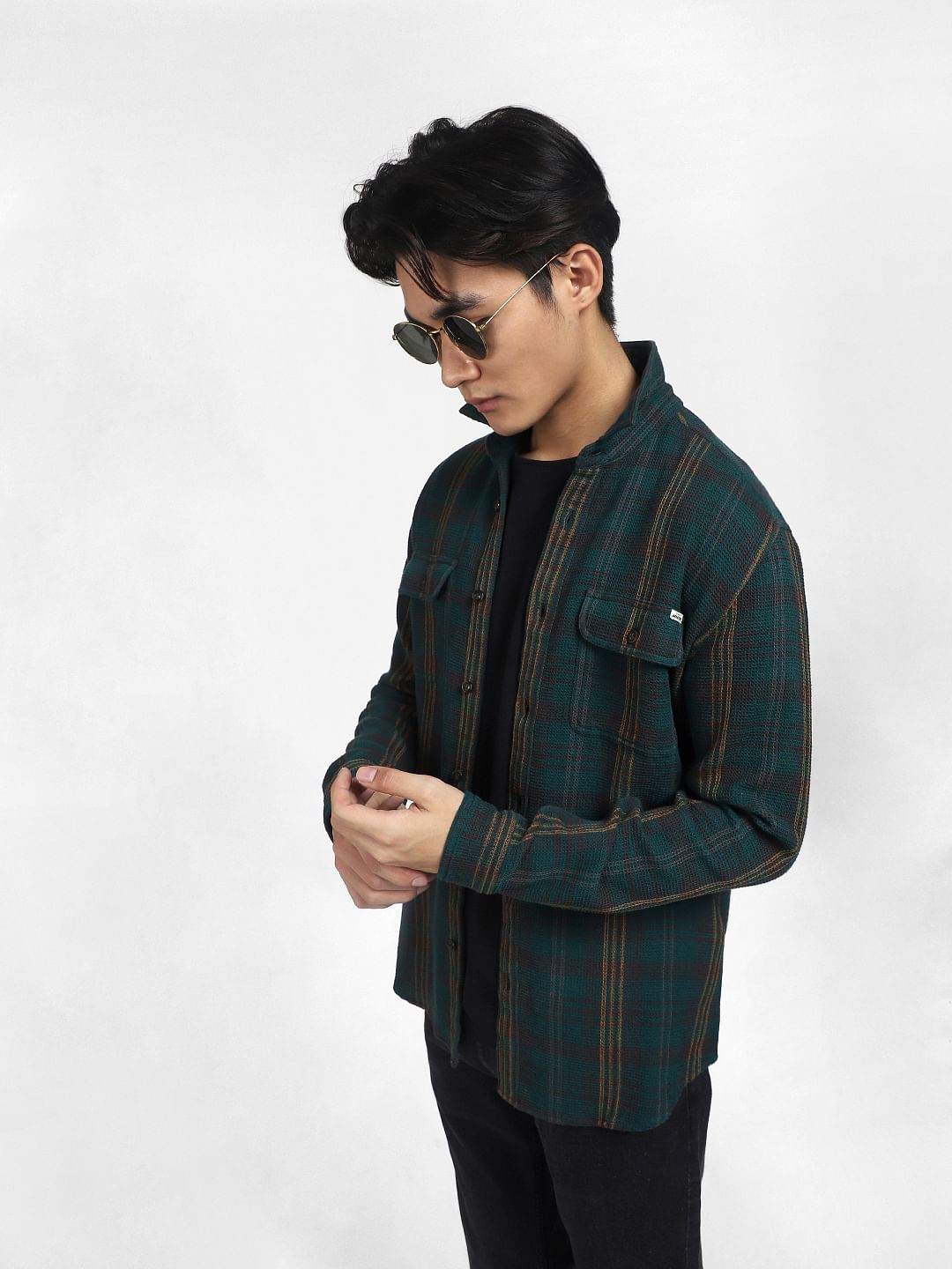 Dark Green Check Full Sleeves Shirt - S