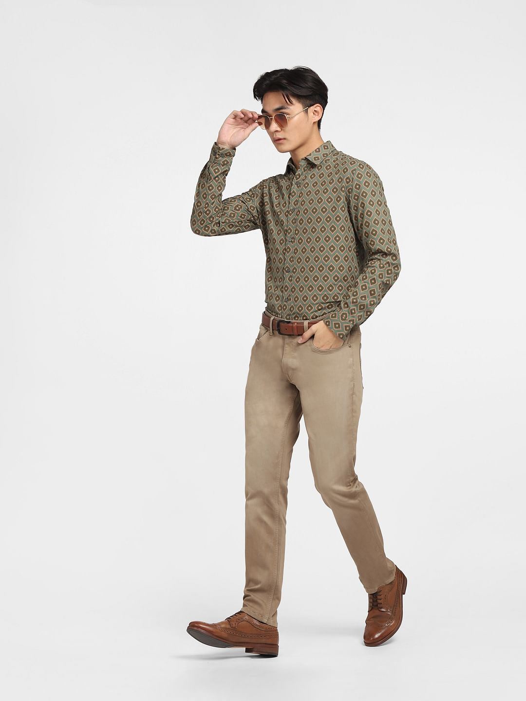 Green Printed Full Sleeves Shirt - S