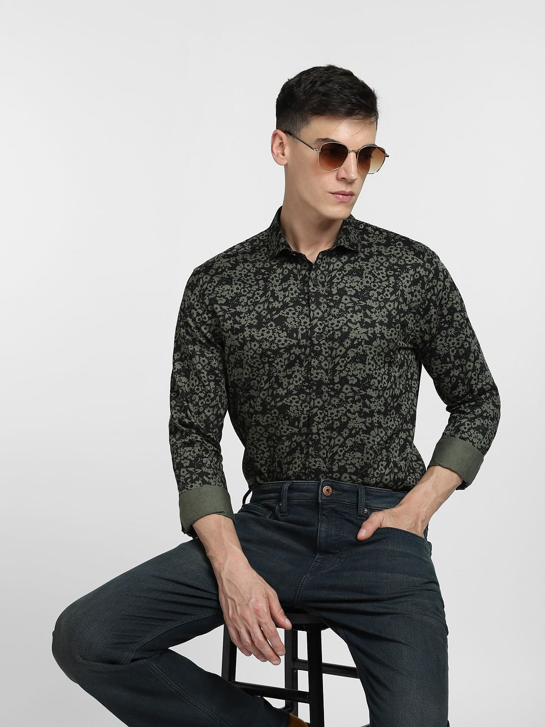 Green Floral Print Full Sleeves Shirt - S