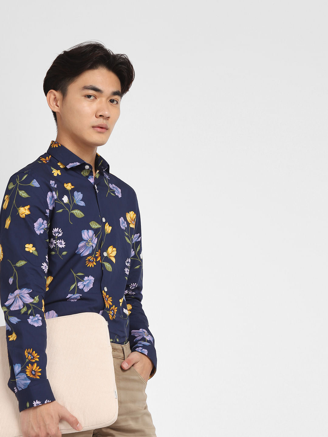 Navy Blue Floral Full Sleeves Shirt - M