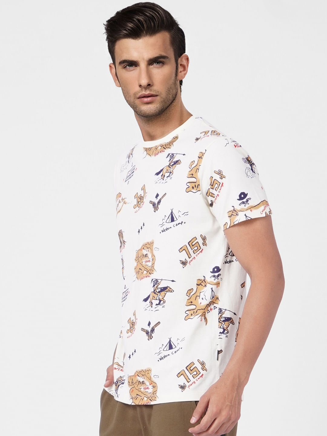 Beige Graphic Print Crew Neck T-shirt