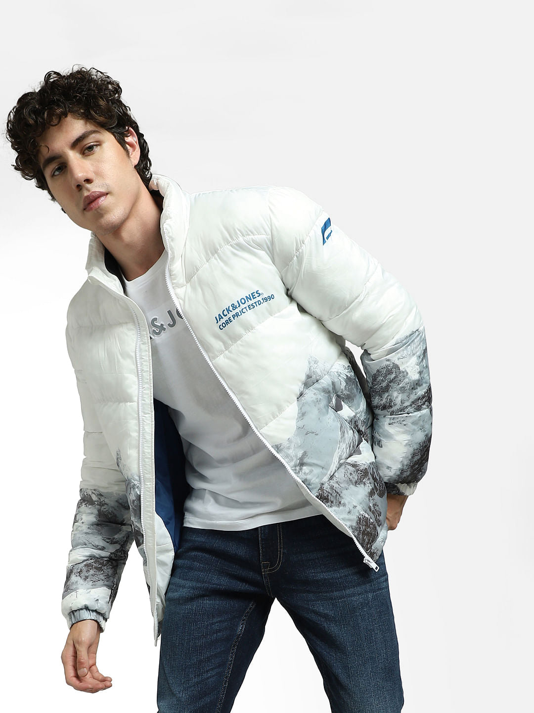 White Printed Puffer Jacket - S