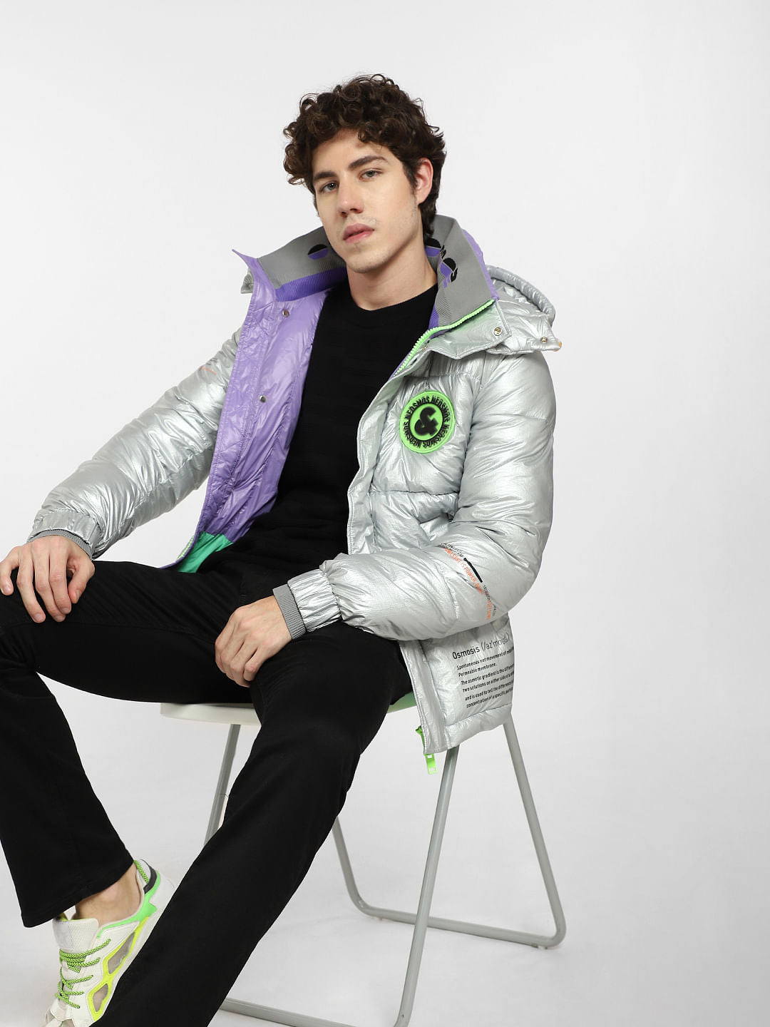 Silver Printed Hooded Puffer Jacket - S