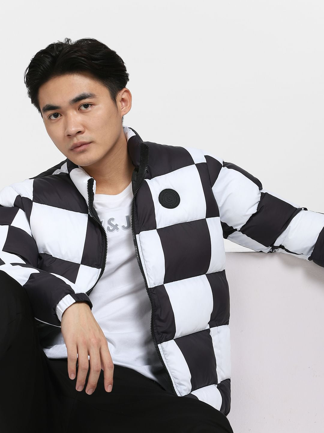 White Check Puffer Jacket - S