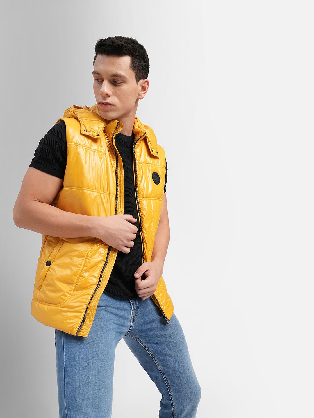 Yellow Hooded Puffer Vest Jacket