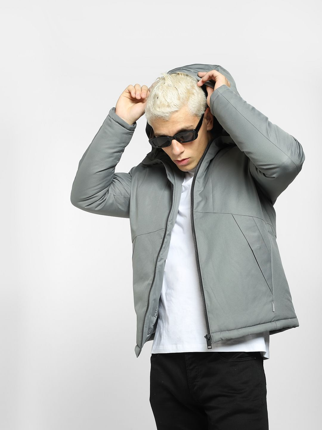 Grey Hooded Puffer Jacket - S