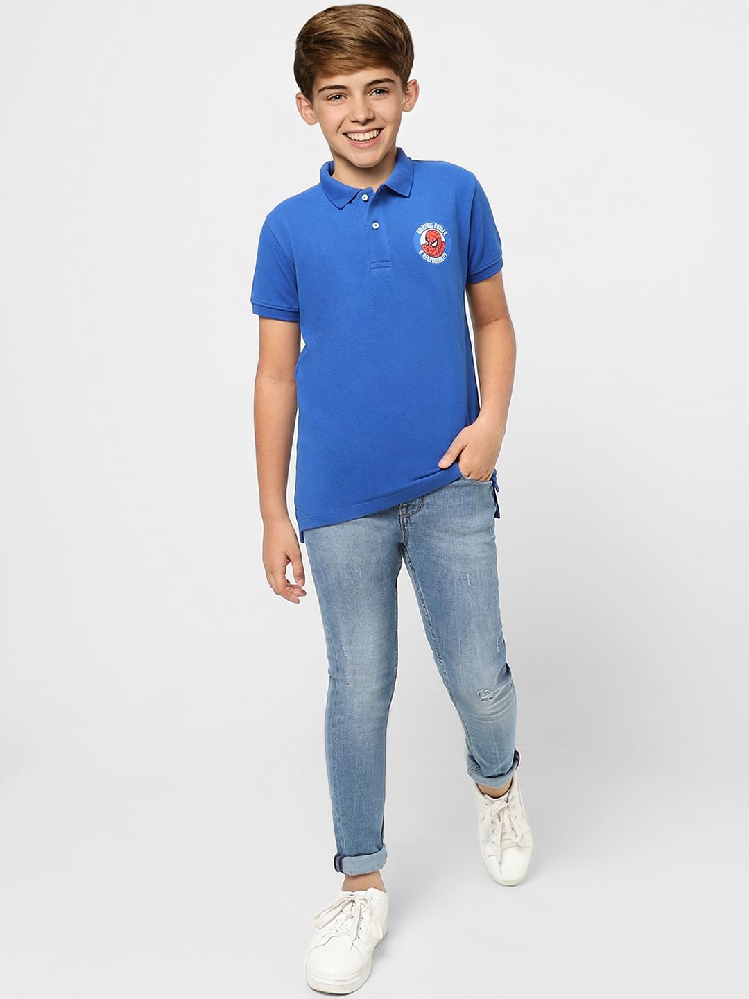 Boys Blue X Marvel Blue Spider Man Polo T-shirt - 4/5Y