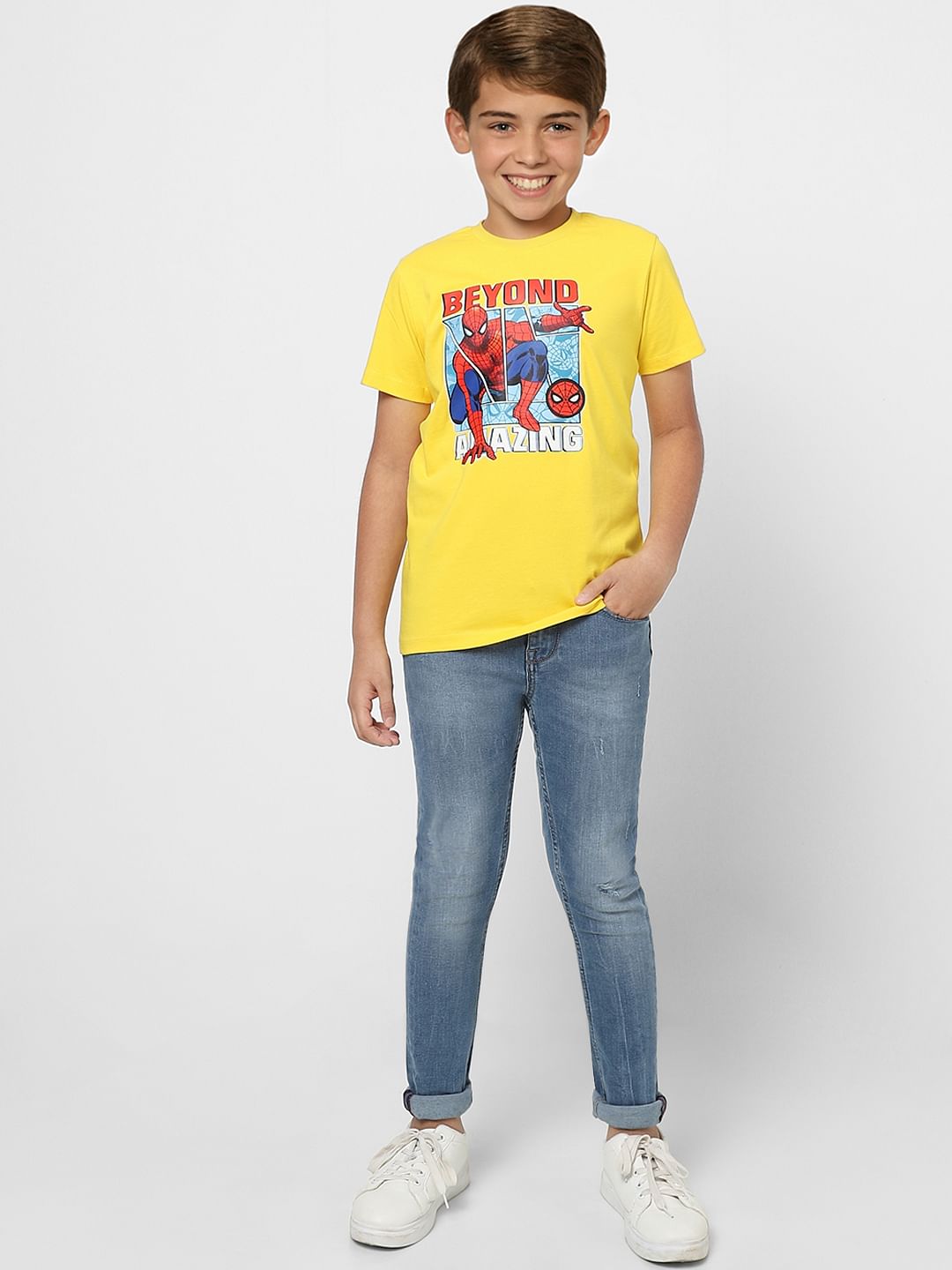 Boys X Marvel Yellow Spider Man Crew Neck T-shirt - 4/5Y