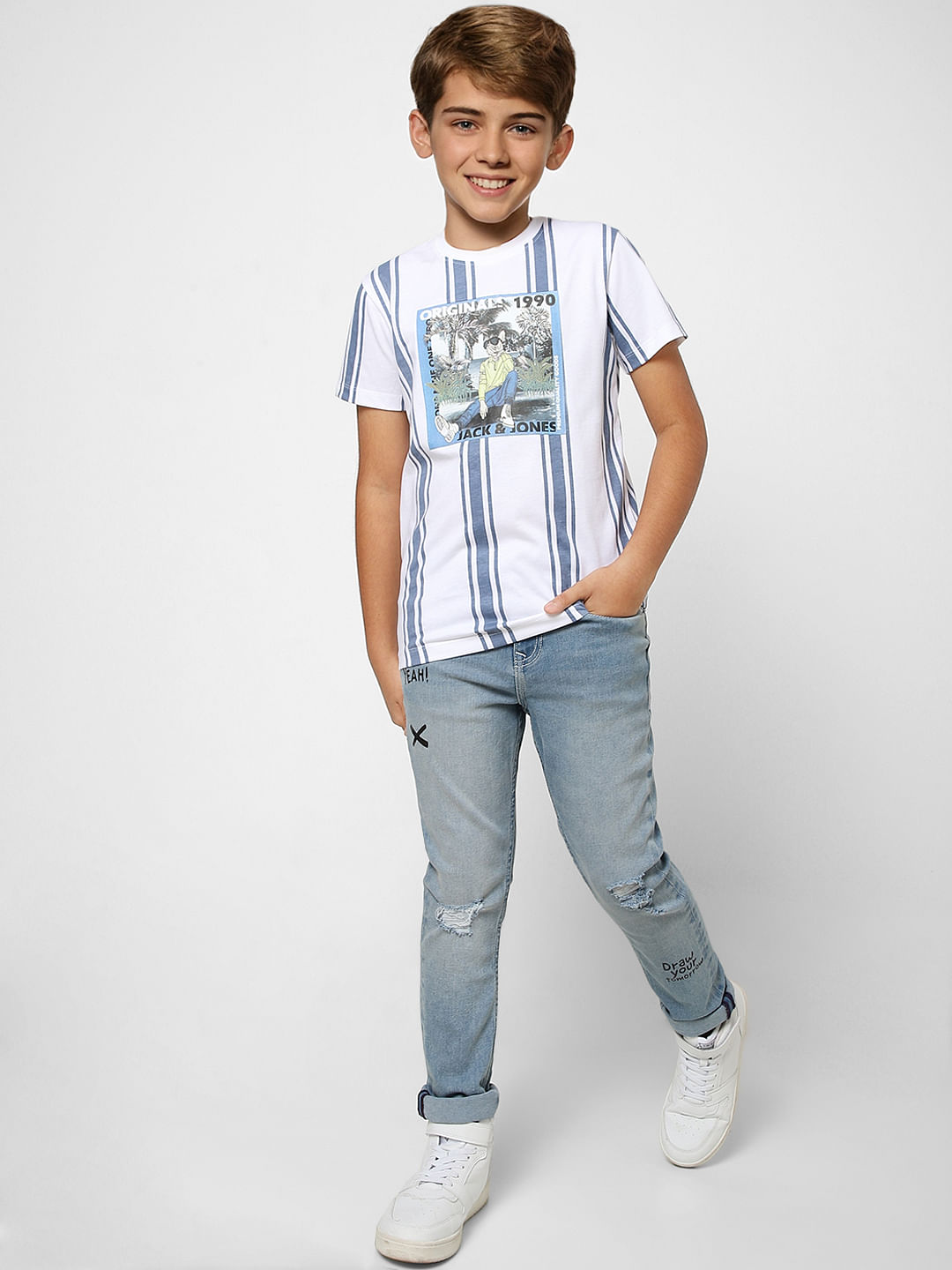 Boys White Striped Crew Neck T-shirt - 9/10Y