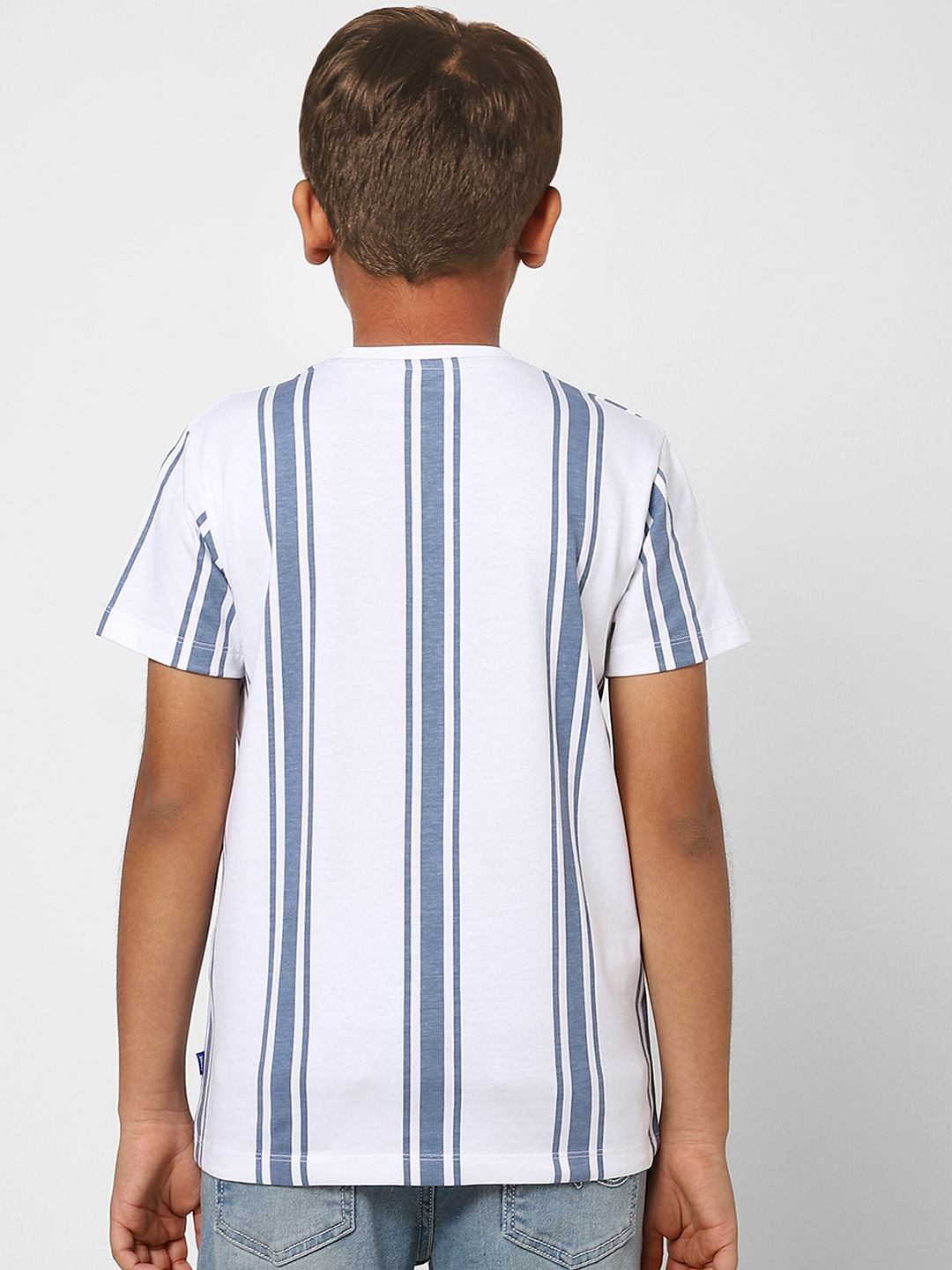 Boys White Striped Crew Neck T-shirt