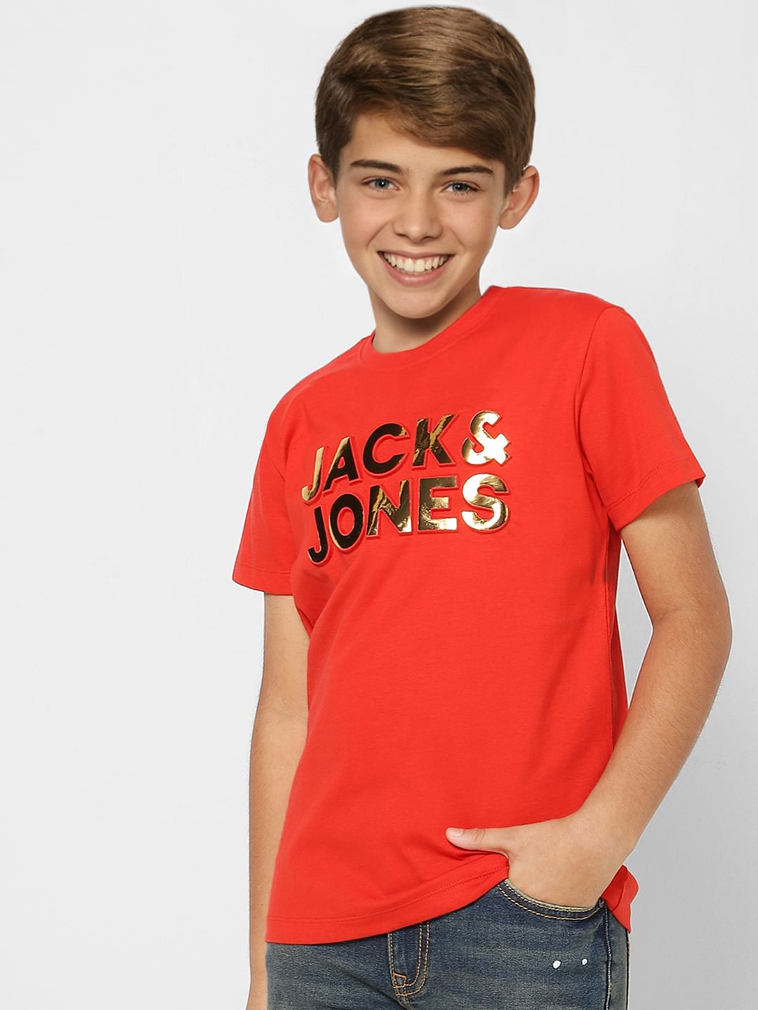 Boys Red Logo Print Crew Neck T-shirt