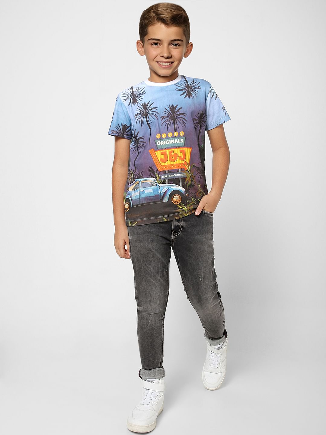 Boys Blue Printed Crew Neck T-shirt